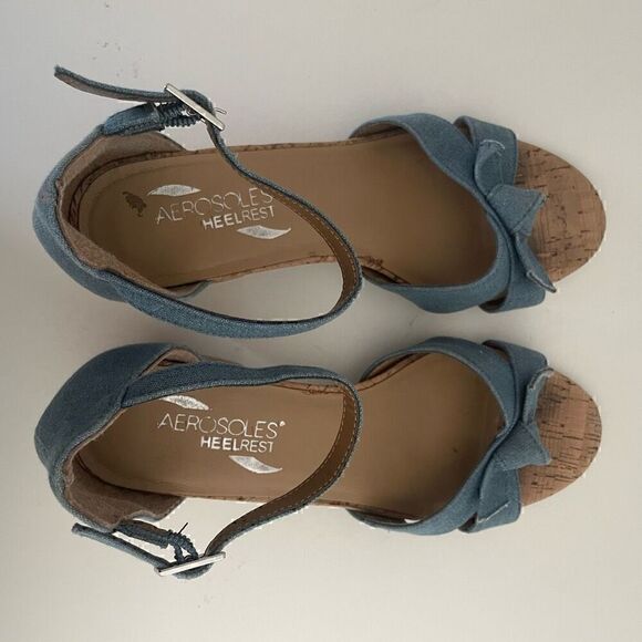 Aerosoles Heelrest Cuff Link Blue Denim Cork Ankle Strap Heels Size 8 - Picture 7 of 9